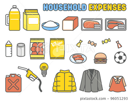 Illustrations of various items that are items of living expenses such as food, luxury items, fuel costs and clothing 96051293