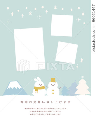 Vertical winter greeting postcard with a cute photo frame of a snowman and a rabbit in a winter landscape 96051447
