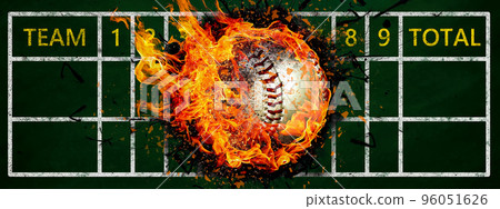3d illustration of a flaming baseball ball embedded in a scoreboard 96051626