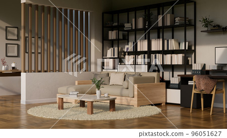 Modern contemporary home living room interior with sofa, coffee table, bookshelves, working space 96051627
