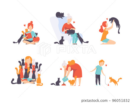 People Cat Lover as Pet Owners Playing and Caring of Their Domestic Animal Vector Set 96051832