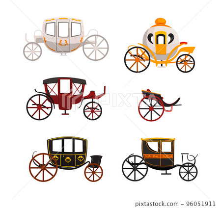 Antique Carriage or Chariot as Four-wheeled Vehicle with Footplate and Hood Vector Set Antique Carriage or Chariot as Four-wheeled Vehicle with Footplate and Hood Vector Set 96051911