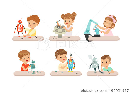 Cute Little Kids Programming and Creating Smart Robots Vector Set 96051917