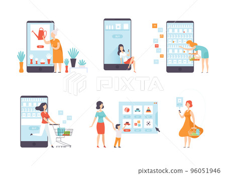 Online Shopping with People Characters Buying and Making Purchase in Mobile Store Vector Set Online Shopping with People Characters Buying and Making Purchase in Mobile Store Vector Set 96051946