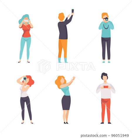 People Characters Taking Photos with Smartphone and Camera Making Frame Gesture Vector Set 96051949