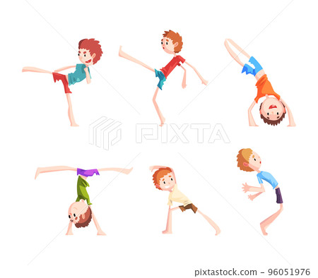 Cute Little Boy Somersaulting Doing Physical Exercise and Stunt Vector Set Cute Little Boy Somersaulting Doing Physical Exercise and Stunt Vector Set 96051976