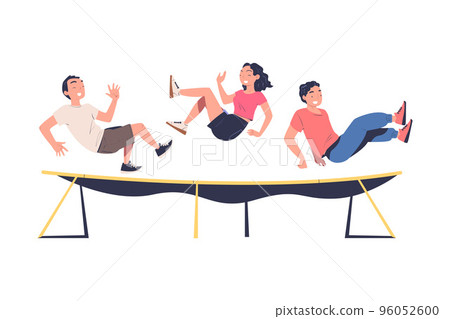 Man and Woman Characters Jumping on Trampoline Bouncing and Flying in the Air Vector Illustration 96052600