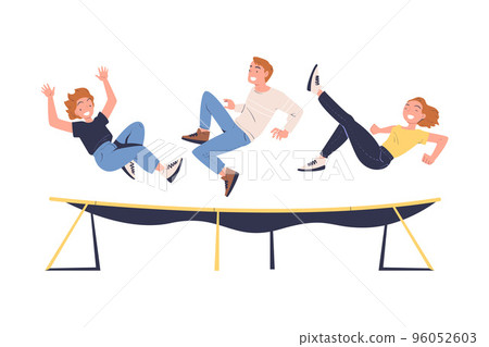 Man and Woman Characters Jumping on Trampoline Bouncing and Flying in the Air Vector Illustration Man and Woman Characters Jumping on Trampoline Bouncing and Flying in the Air Vector Illustration 96052603