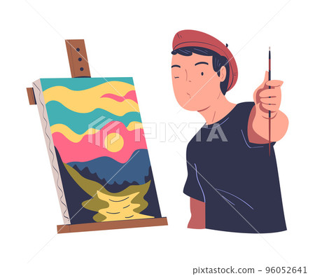Man Character in Beret Drawing Nature Landscape with Easel and Brush on Canvas Vector Illustration 96052641