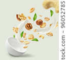 fly more whole grains in the bowl ,more whole grain,milk splash,granolay and healthy time 96052785