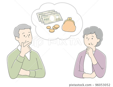 Illustration of an elderly couple worried about money 96053052