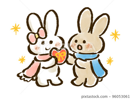 一隻白兔送情人節巧克力和一隻棕色兔子收到巧克力的手繪插圖 一隻白兔送情人節巧克力和一隻棕色兔子收到巧克力的手繪插圖 96053061