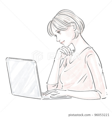 A woman thinking while working on a computer A woman thinking while working on a computer 96053221