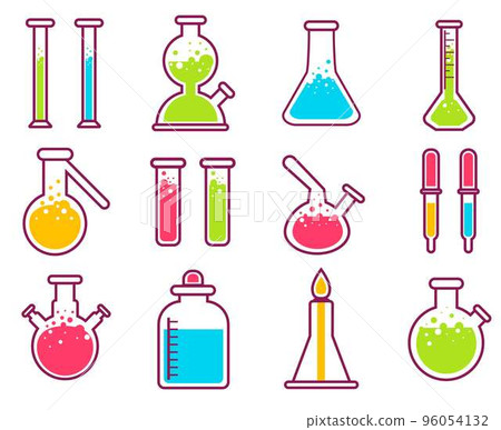 Science test in tube, beaker and flask. Glass equipment in chemistry laboratory. 96054132