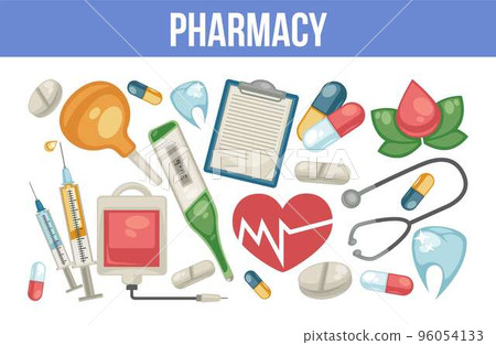 Pharmacy pills and syringe treatment and healthcare therapy and dentistry 96054133