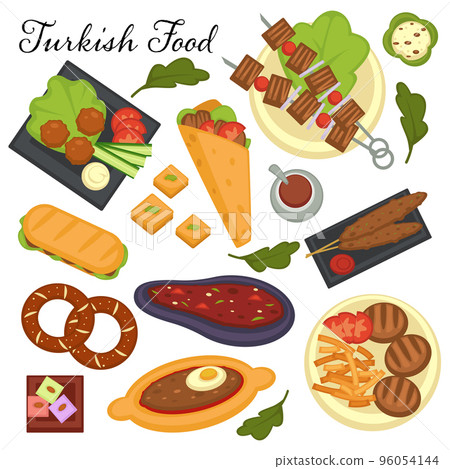 Collection of Turkish cuisine dishes dinner and lunch. Meals made of vegetables and meat, kebab and menemen made with egg 96054144