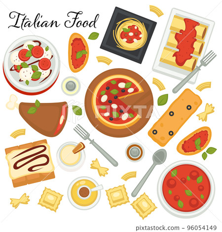 Italian cuisine of european country, menu with pasta, pizza and desserts. Served sweets, snacks and pastries with cream, vector in flat style Italian cuisine of european country, menu with pasta, pizza and desserts. Served sweets, snacks and pastries with cream, vector in flat style 96054149