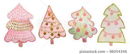 Watercolor cartoon christmas trees Set with decorations. Hand drawn illustration in pink green colors Watercolor cartoon christmas trees Set with decorations. Hand drawn illustration in pink green colors 96054348
