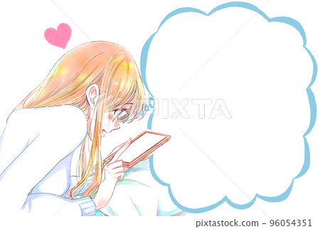 一個臉朝下躺著的女人高興地撫摸著她的智能手機 冬季講話泡泡 96054351