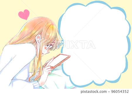 一個臉朝下躺著的女人高興地撫摸著她的智能手機 冬季講話泡泡 96054352