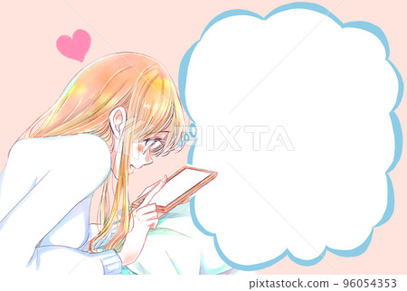 一個臉朝下躺著的女人高興地撫摸著她的智能手機 冬季講話泡泡 96054353