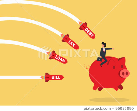 Businessman rides a piggy bank to escape business troubles. Businessman rides a piggy bank to escape business troubles. 96055090