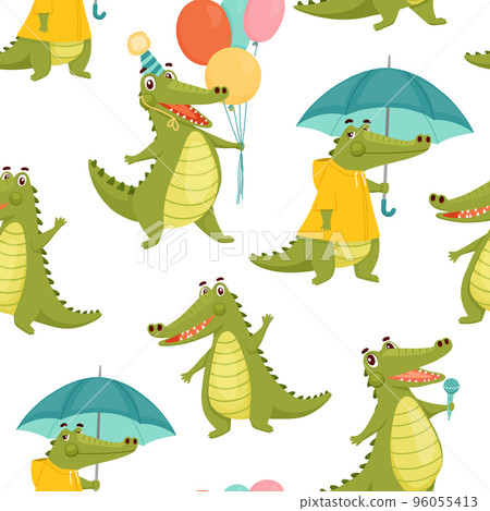 Seamless pattern for kids. Funny crocodile in cap holds balloons and laughs. Vector animal character on white background Seamless pattern for kids. Funny crocodile in cap holds balloons and laughs. Vector animal character on white background 96055413