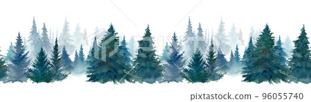 針葉林的水彩插圖。深邃的森林景觀。無縫模式。 96055740