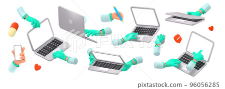3d render doctor hands with laptop, medic palms 96056285