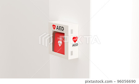 Photo-realistic 3D rendered illustration of an AED (life-saving defibrillator) mounted on a white wall 96056690