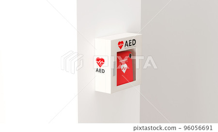 Photo-realistic 3D rendered illustration of an AED (life-saving defibrillator) mounted on a white wall 96056691