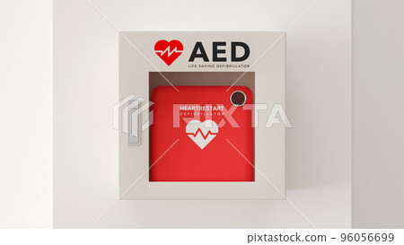 Photo-realistic 3D rendered illustration of an AED (life-saving defibrillator) mounted on a white wall 96056699