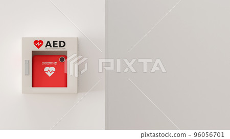 Photo-realistic 3D rendered illustration of an AED (life-saving defibrillator) mounted on a white wall 96056701