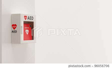 Photo-realistic 3D rendered illustration of an AED (life-saving defibrillator) mounted on a white wall 96056706