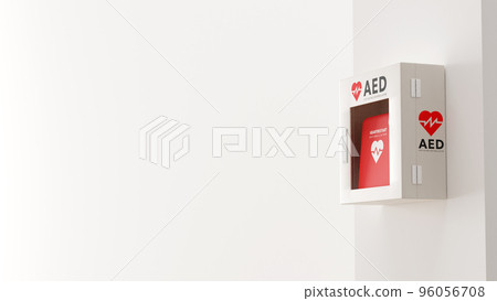 Photo-realistic 3D rendered illustration of an AED (life-saving defibrillator) mounted on a white wall Photo-realistic 3D rendered illustration of an AED (life-saving defibrillator) mounted on a white wall 96056708