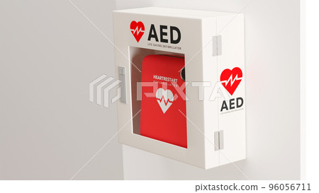 Photo-realistic 3D rendered illustration of an AED (life-saving defibrillator) mounted on a white wall 96056711