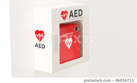 Photo-realistic 3D rendered illustration of an AED (life-saving defibrillator) mounted on a white wall 96056713