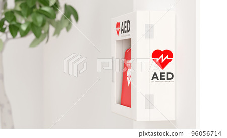 Photo-realistic 3D rendered illustration of an AED (life-saving defibrillator) mounted on a white wall Photo-realistic 3D rendered illustration of an AED (life-saving defibrillator) mounted on a white wall 96056714