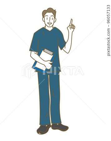 A man wearing a blue scrub explaining with a smile 96057133