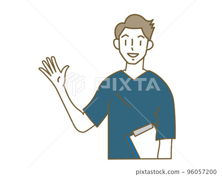 A man wearing a blue scrub who guides with a smile A man wearing a blue scrub who guides with a smile 96057200