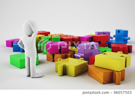 Confused white man try to build a company. 3D rendering 96057503