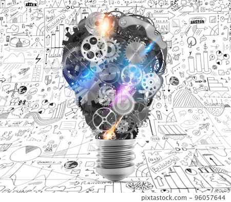 Lightbulb mechanisms of gears. 3d rendering Lightbulb mechanisms of gears. 3d rendering 96057644