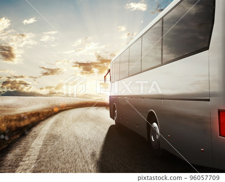 Bus driving on road. 3D Rendering Bus driving on road. 3D Rendering 96057709