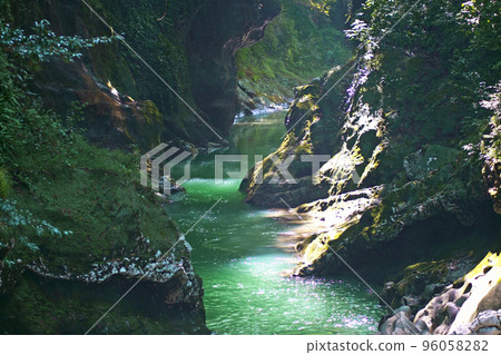 Martvili canyon in Georgia. Beautiful natural canyon and amazing waterfall of the mountain river 96058282