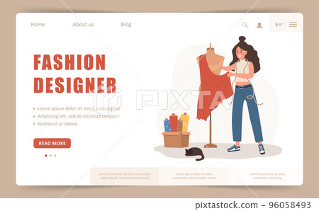 Fashion designer landing page or web banner template. Woman seamstress at mannequin takes measurements. Dressmaker or tailor. Vector illustration in flat cartoon style Fashion designer landing page or web banner template. Woman seamstress at mannequin takes measurements. Dressmaker or tailor. Vector illustration in flat cartoon style 96058493