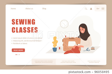 Sewing classes landing page or web banner template. Islamic woman seamstress at sewing machine sews clothes. Fashion designer or dressmaker. Vector illustration in flat cartoon style Sewing classes landing page or web banner template. Islamic woman seamstress at sewing machine sews clothes. Fashion designer or dressmaker. Vector illustration in flat cartoon style 96058495