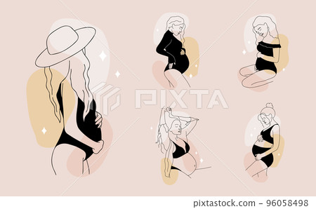 Set of minimalist pregnant women on colored spots. Outline girls in black lingerie. Pregnancy and motherhood. Hand drawn vector illustration in one line style. Perfect for logo 96058498