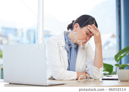 Burnout, stress and business woman at laptop and tired with headache from eye strain, overworked and compliance. Mental health, exhausted and anxiety with employee at desk with pain, fatigue and fail 96058514