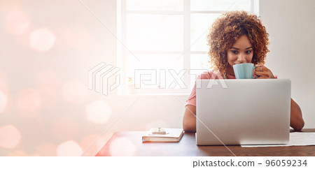 We never fail to be inspired and motivated by technology. Cropped shot of a young female designer having coffee while working on her laptop against a digitally enhanced background. 96059234