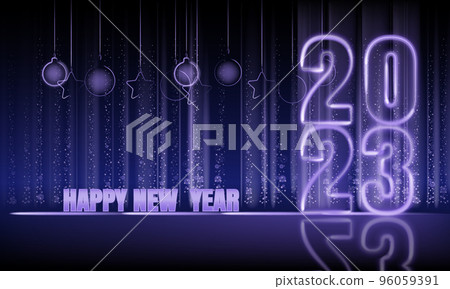 Merry Christmas and Happy New Year 2023 background, blue lights dust decoration, blue magic glow on dark background Merry Christmas and Happy New Year 2023 background, blue lights dust decoration, blue magic glow on dark background 96059391